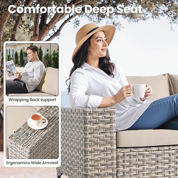 ovios 9-Piece Patio Furniture Set with L-Shape Sofa Chaise, Outdoor Sectional Couch Swivel Gliders Fire Pit Table Solar Table, Modern Modular Wicker Rattan Conversation Set, Beige