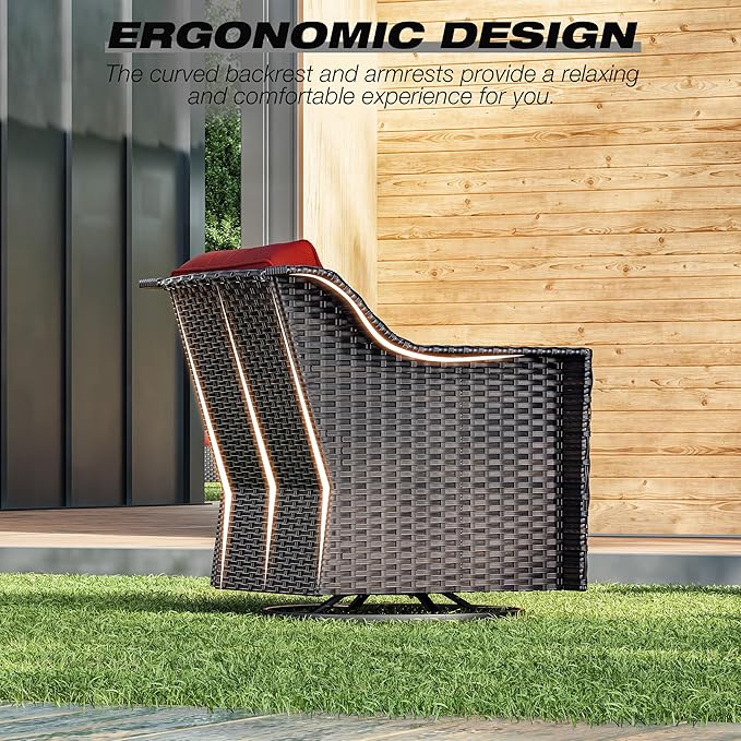 Joyside Wicker Patio Furniture Sets, 7 Pieces Upgraded Large Size Outdoor Furniture with Swivel Rocking Patio Chairs, Two 3-Seat Sofa, Outdoor Ottoman, Thick Cushions, Wide Armrest, Red