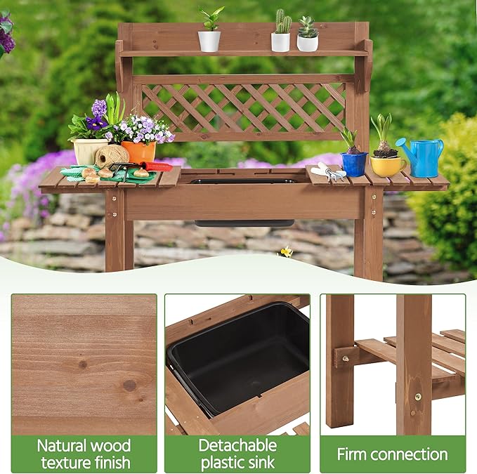 Yaheetech Potting Bench Table Outdoor Garden Horticulture Wooden Workstation Benches w/Sliding Tabletop/Removable Sink/Storage Shelf,Brown