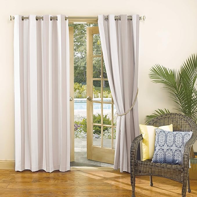 Sun Zero Valencia Cabana Stripe Indoor/Outdoor UV Protectant Energy Efficient Grommet Curtain Panel Pair, 54" x 84", Khaki, 2 piece set