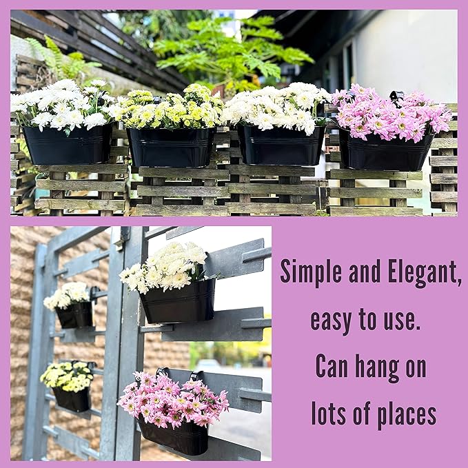 LaLaGreen Rail Planter Outdoor Plants(11.8 Inch, 10 Pack) Black Metal Iron Hanging Flower Pots Deck Railings Fence Buckets Modern Countryside Boho Style Wall Mount Window Box Plant Holder Porch Decor