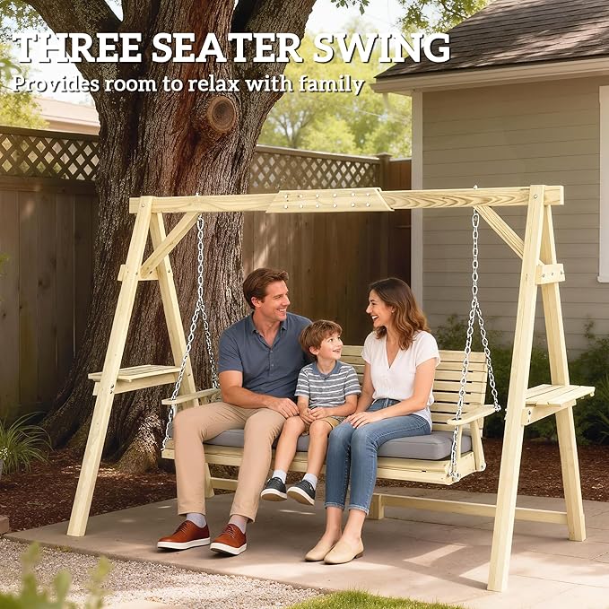 Outsunny 3 Seat Porch Swing with Stand, Wooden Patio Swing Chair with Cushion, Side Trays and Metal Chains, Outdoor Bench for Garden, Poolside, Backyard, Natural Wood