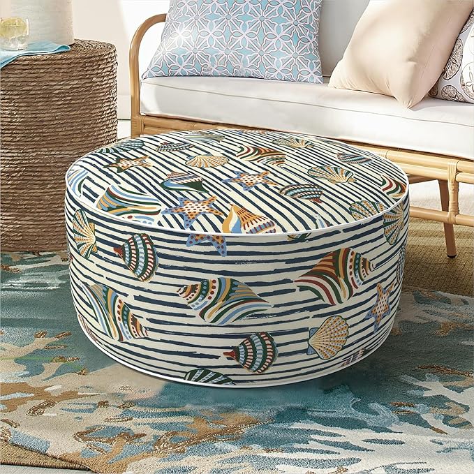 Inflatable Ottoman Stool D21 xH9 for Outdoor/Indoor Use, Water Repellent Patio Foot Rest with Portable Handle,Round Pouf Ottoman Suitable for Garden,Deck and Camping-Crayon Shells