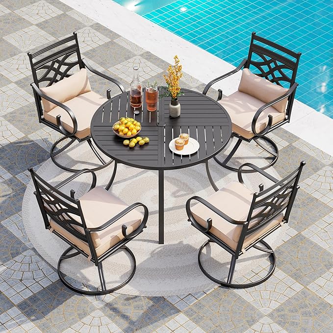 PHI VILLA 5 Pieces Outdoor Dining Set for 4, 42" Round Black Metal Table & Wrought Iron Swivel Chairs, Rustproof Large Outside Furniture with Cushions & Pillows for Patio, Deck, Porch