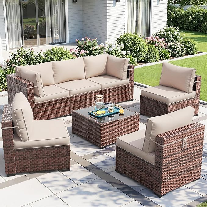 Amopatio Patio Furniture Set 7 Pieces Patio Conversation Set Outdoor Sectional Wicker Rattan Sofa with All-Weather Cover, Patio Furniture with Pillows Fits Porch Garden Backyard Balcony (Cream)