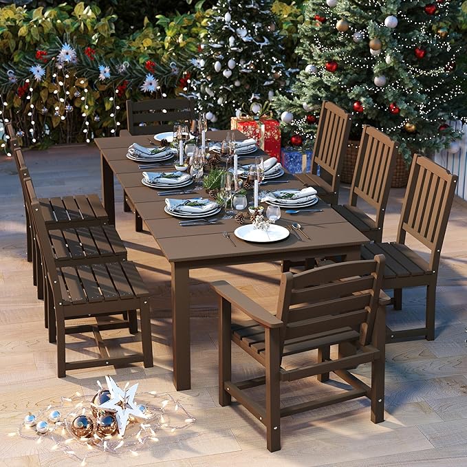 9-Piece Brown Outdoor Dining Set with White 15FT Large Patio Umbrella, 75.2'' HDPE Table & Chairs for 8, Weather-Resistant Furniture with Umbrella Hole for Patio, Lawn, Poolside