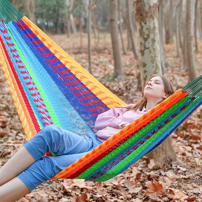 PNAEUT Handwoven Mayan Hammocks for Outside, Handwoven Thick Soft Rope Double Hammocks for Outdoor Indoor, Max 600 lbs Capacity, Tree Straps, Carabiners & Carrying Bag Included (Tropical, X-Large)