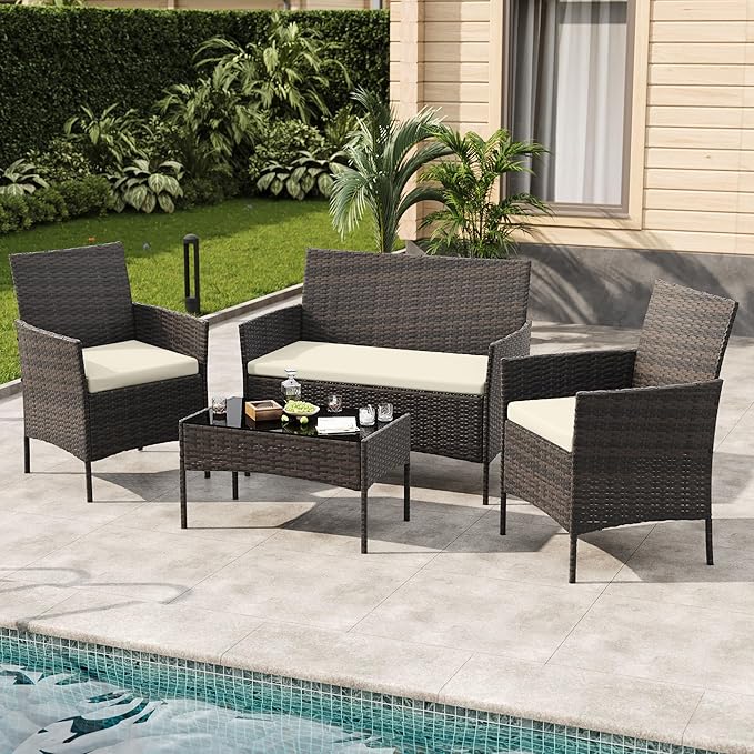 GAOMON 4-Piece Patio Furniture Set, Modern PE Rattan Conversation Set with 2 Chairs, Loveseat & Tempered Glass Coffee Table, All-Weather Outdoor Seating for Garden, Porch, Balcony, Poolside