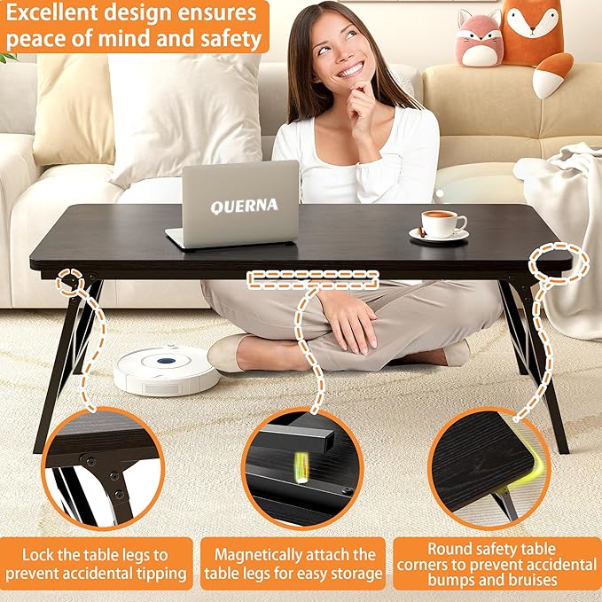 Folding Coffee Table, No Assembly Low Coffee Table, Floor Table Desk for Sitting on The Floor, Portable Floor Table for Living Room, Home, Caravan and Outdoor use, 39.4L‘ x 19.7W’ x 15.8H’