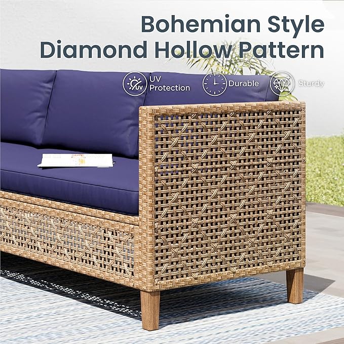 PHI VILLA Sectional Outdoor Couch, Small Patio Furniture Set with Cushions and Acacia Wood Coffee Table, L-Shaped Wicker Outdoor Sofa for Deck or Porch, 4 Seats, Navy Blue