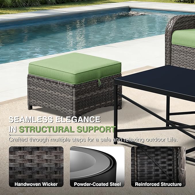 Joyside Outdoor Ottoman Set of 2, Patio Large Ottoman Foot Rest with Thickened Cushions, Outdoor Wicker Foot Stool for Porch, Deck Use