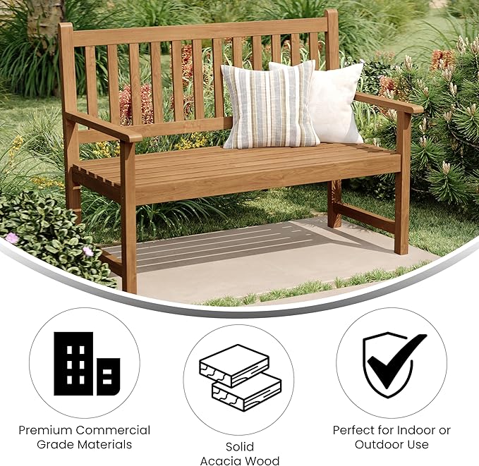 Flash Furniture Adele Commercial Indoor/Outdoor Acacia Wood Bench, 2-Person Slatted Patio Loveseat, for Use in Yard, Garden, Porch, or Park, Brown