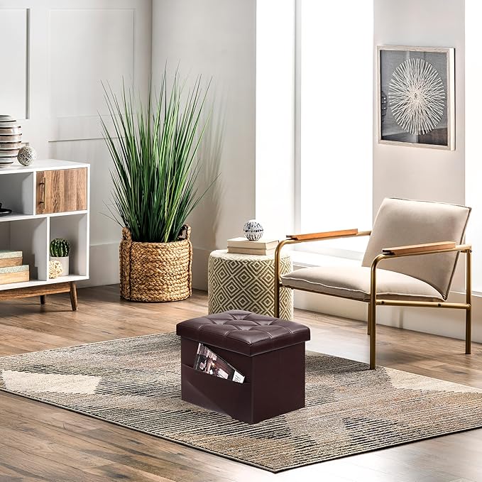 AmasSmile 2PC Storage Ottoman Folding Foot Rest Stool with Side Pocket, 16 inch Leather Footstool Bench, Short Ottoman Bench, Storage Foot Rest Store, Books, Brown
