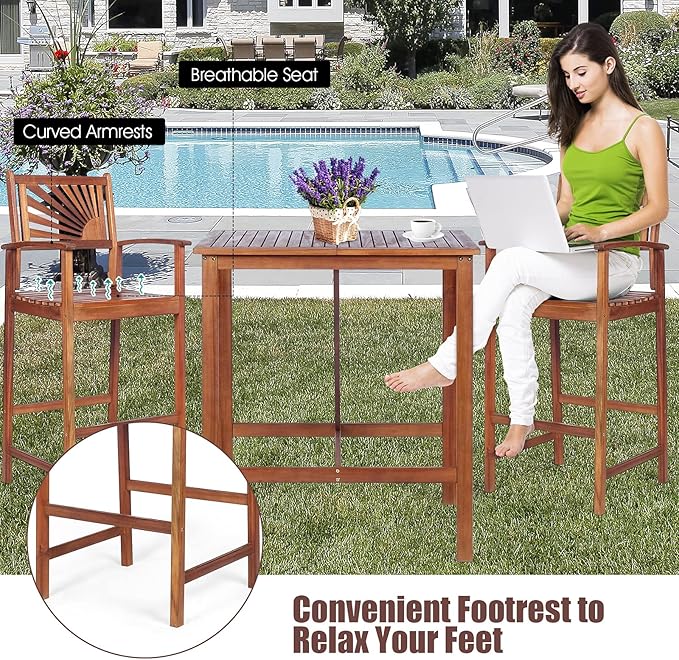 COSTWAY 3PCS Bar Table Set, Outdoor Acacia Wood Dining Set, Spacious Tabletop, Comfortable Backrest, Suitable for Sunroom, Backyard, Balcony, Space-Saving Design