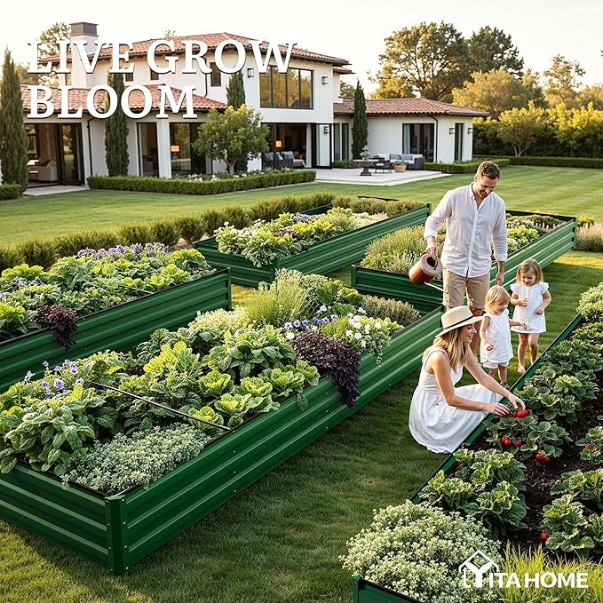 YITAHOME 6pcs 12x4x1 ft Galvanized Raised Garden Bed Kit, Large Metal Planter Box with Gloves, Safety Rubber & Support Rod, Outdoor Flower Bed for Plants Vegetables, Black