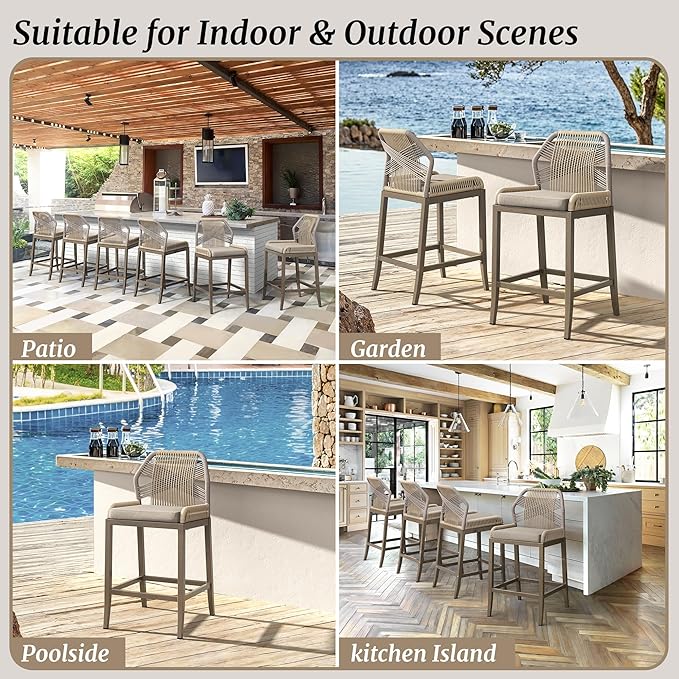 Outdoor Bar Stools, Rattan Outdoor Counter Height Bar Stools Set of 4, 26.5" H Woven Rope Patio Bar Chairs with Aluminum Legs for Kitchen, Yellowish Slate Gray