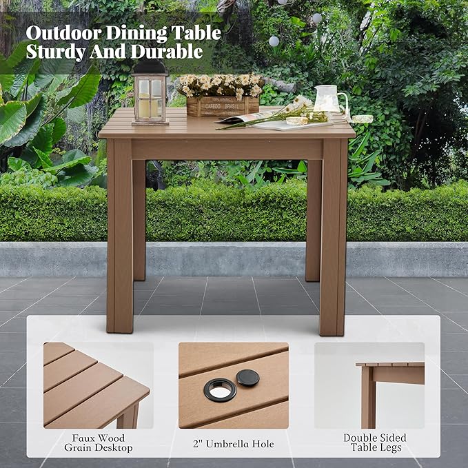 HDPE Outdoor Dining Set,5-Piece Outdoor Table and Chairs Include 4 Armchair Chairs and 35.5" Square Patio Dining Table with Umbrella Hole (Brown)
