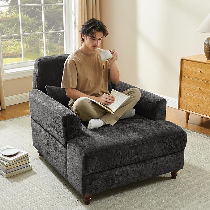 Chaise Lounge Chair Indoor with Adjustable Backrest, Upholstered Mid-Century Reading Chair, Oversized Accent Armchair for Living Room & Bedroom, Comfy Single Sofa Chair, Modern Living Room Chair