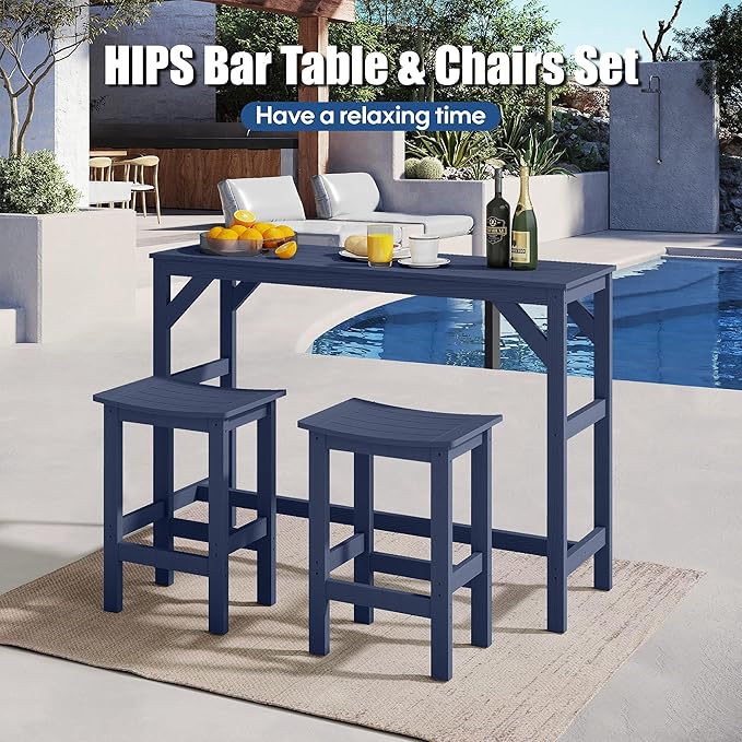 3Pcs HIPS Outdoor Patio Bar Set, All Weather HIPS Bar Table and Chairs Set for Outside, 55" Rectangular High Top Bar Table with 2 Bar Stools for Poolside, Patio, Balcony, Deck, Blue