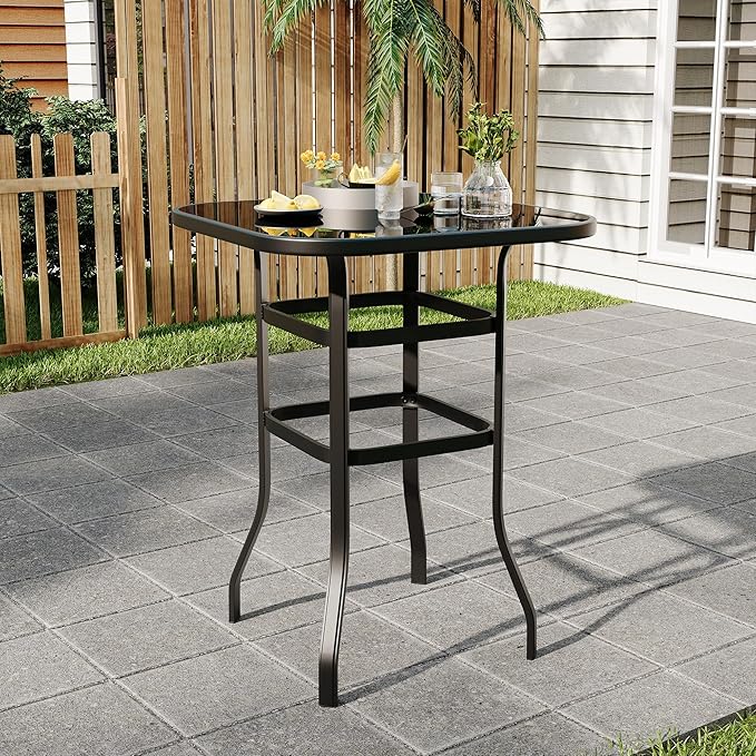Outdoor Patio Bar Table, 31.5 Inch Tempered Glass Bistro High Top Table All Weather Metal Frame for Deck, Porch, Poolside, Garden