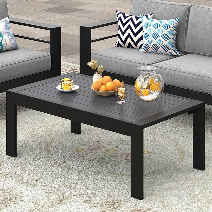 Wisteria Lane Aluminum Outdoor Furniture Patio Coffee Table, All-Weather Outdoor Metal Coffee Table, Modern Rectangle Coffee Table for Balcony, Garden, Black
