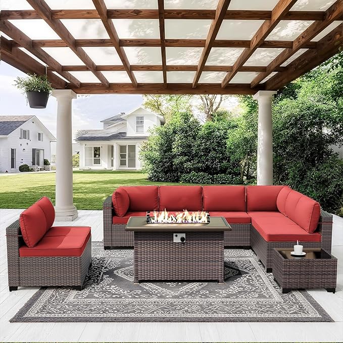 ALAULM 10 Pieces Patio Furniture Set with Propane Fire Pit Table Outdoor Sectional Sofa Sets Patio Furniture 43" Gas Fire Pit Brown PE Rattan Patio Conversation Set w/8 Seat Cushions-Red