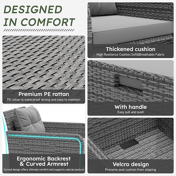 LHBcraft Balcony Furniture 5 Piece Patio Chairs Conversation Set, PE Wicker Rattan Outdoor Lounge Chairs with Soft Cushions 2 Ottoman-Glass Table for Porch, Charcoal