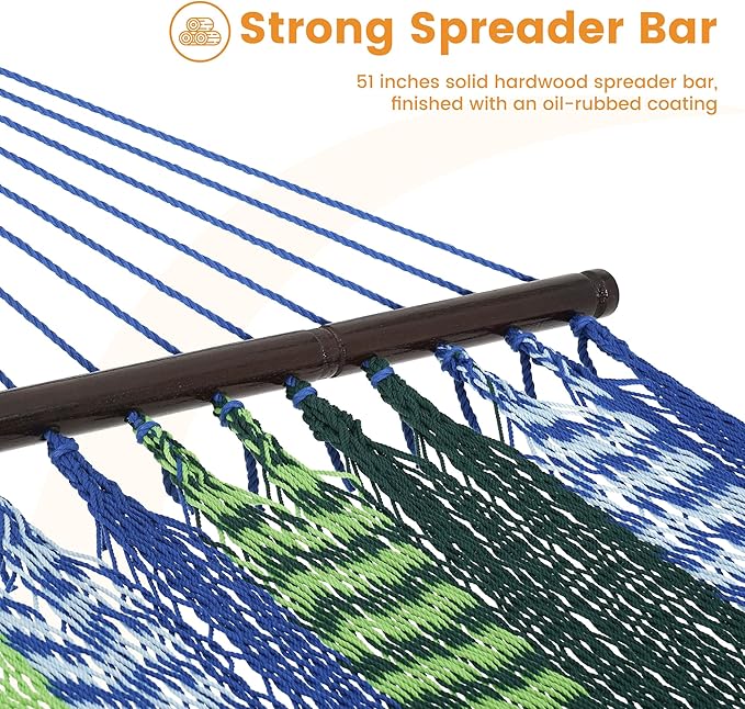 Lazy Daze Hammocks 10.5 FT Double 2 Person Caribbean Rope Hammock, Hand Woven Polyester Hammock with Spreader Bars, for Outside Outdoor Backyard Patio Poolside, 450 LBS Capacity, Blue/Green