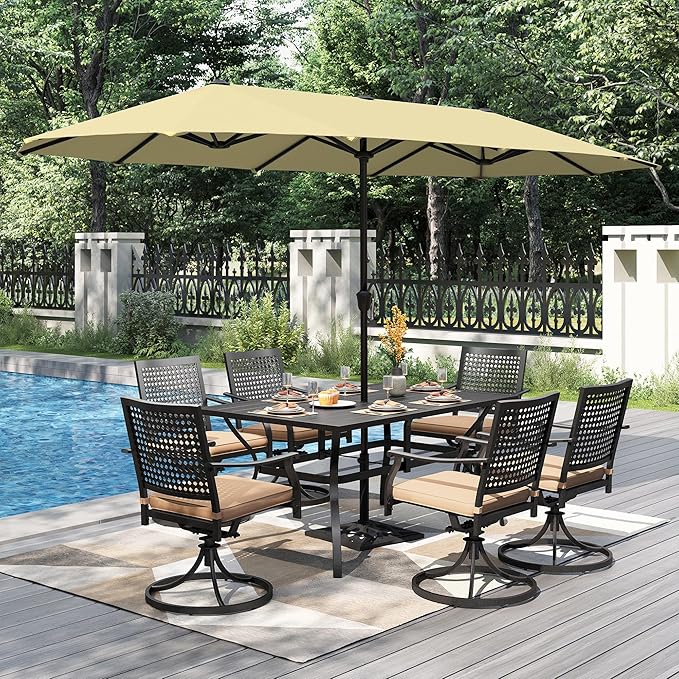 PHI VILLA 7 Pieces Outdoor Dining Set for 6 with Umbrella, 60" Long Metal Table & Swivel Iron Chairs with Cushions & 13ft Beige Umbrella, Modern Steel Furniture Set for Patio, Deck, Yard, Porch