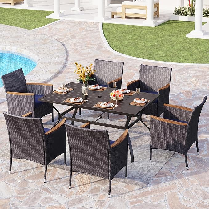 PHI VILLA 7-Piece Outdoor Patio Dining Set for 6, Metal Steel Frame Table with Umbrella Hole & All Weather PE Rattan Cushioned Chairs Set, for Deck, Yard, Porch