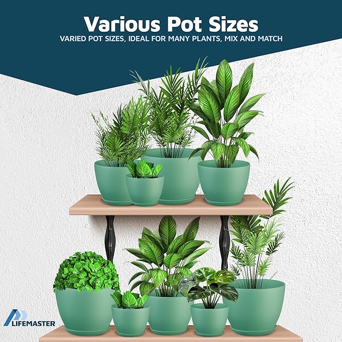 Mint Plant Pots with Drainage Holes & Saucers 3 Pack, Indoor & Outdoor Stackable Space-Saving Planters for Houseplants & Flowers, (7", 6.7", and 6" Inches), Durable & Weatherproof Materials