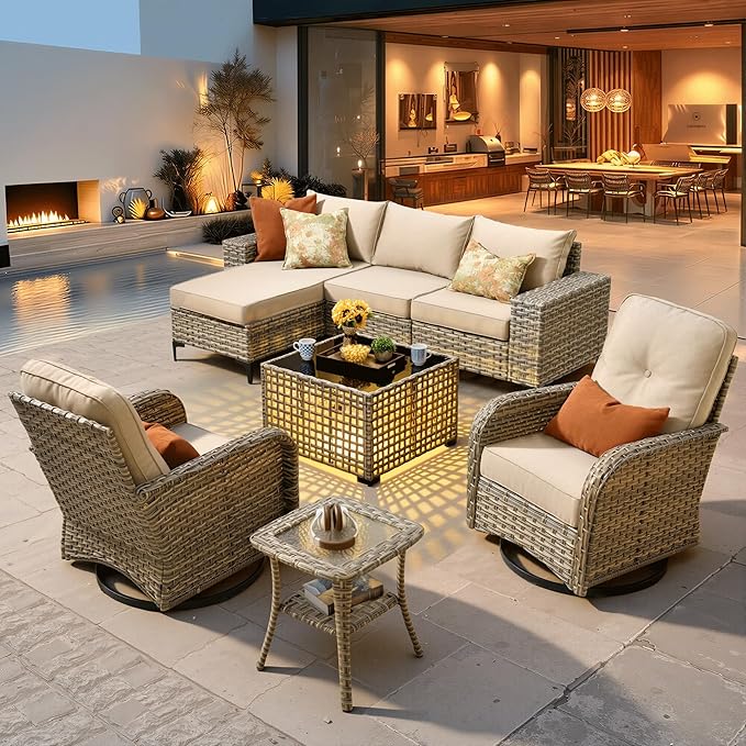 ovios 8-Piece Patio Furniture Set with L-Shape Sofa Chaise, Outdoor Sectional Couch Swivel Gliders Solar Table, Modern Modular Wicker Rattan Conversation Set, Beige