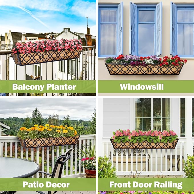 2pcs 30 Inch Window Deck with Coco Liner, 30" Window Boxes Horse Trough with Coconut Coir Liner, Metal Hanging Flower Planter Window Basket Deck Railing Planter Boxes for Outdoor Indoor Lawn