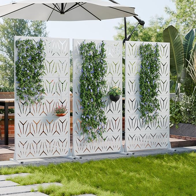 Casaphoria Metal Privacy Screen Outdoor, 72" H x 35" W Freestanding Decorative Privacy Screen for Patio Deck Balcony Garden with Stable Base, White-Star