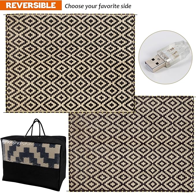 SAND MINE Reversible Mats with Led Strip Lights, Plastic Straw Rug, Modern Area Rug, Large Floor Mat for Outdoors, Patio, Backyard, Deck, Picnic, Camping, Black & Beige, 8' x 10'