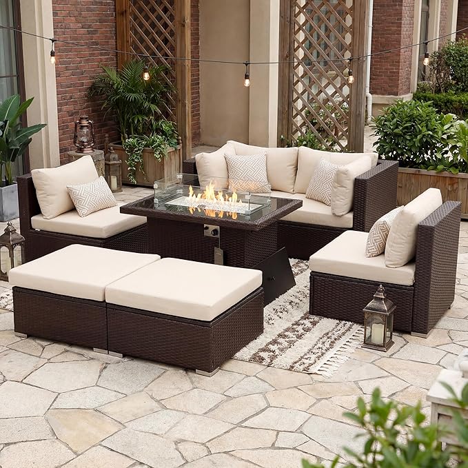 NICESOUL 7 Piece Outdoor Patio Sectional Furniture Set with Fire Pit Natural Gas/Propane, Large Size Comfortable Conversation Sets, 29.3'' High Back Deep Seat Sofa, Brown Rattan and Beige Cushion
