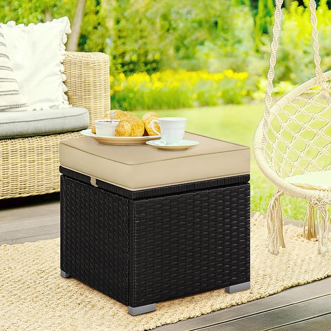 Yaheetech Wicker Ottomans, Set of 2 Patio PE Rattan Side Tables with Hidden Storage & Removable Cushion, Outdoor/Indoor Footstools, Additional Seating for Garden/Balcony/Yard, Brown/Khaki