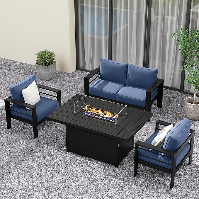 Solaste Aluminum Patio Furniture Set with Fire Pit Table, 4 Piece Metal Outdoor Furniture with Water-Resistant Cushions, Modern Patio Conversation Set for Balcony, Front Porch, and Backyard,Blue