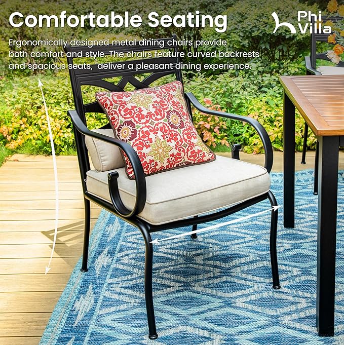 PHI VILLA 5 Pieces Outdoor Dining Set for 4, 37" Square Black Metal Table with Umbrella Hole & Wrought Iron Chairs, All Weather Large Outside Furniture with Cushions & Pillows for Patio, Deck, Porch