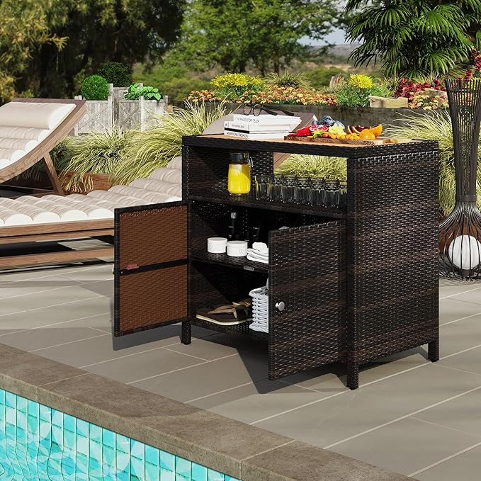 Outsunny Wicker Outdoor Storage Cabinet, Rattan Outdoor Bar Table with Acacia Wood Countertop, 2 Doors and Shelf, Buffet Cabinet Sideboard for Poolside, Garden, Patio, Backyard, Brown