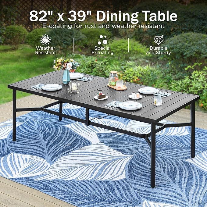 PHI VILLA 9 Pieces Outdoor Dining Set for 8, 83" Rectangular Black Wrought Iron Table with Umbrella Hole & Swivel Metal Steel Chairs, Outside Furniture Set for Patio, Porch, Deck, Backyard
