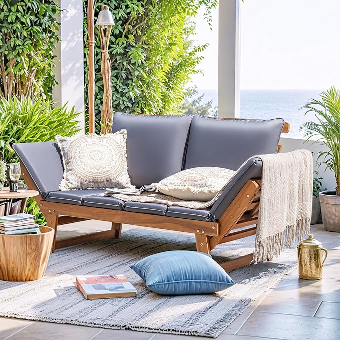 Greesum Patio Convertible Couch Sofa Bed with Adjustable Armrest, Acacia Wood Outdoor Daybed with Cushion & Pillow, Folding Chaise Lounge Bench for Porch Courtyard Poolside，Gray