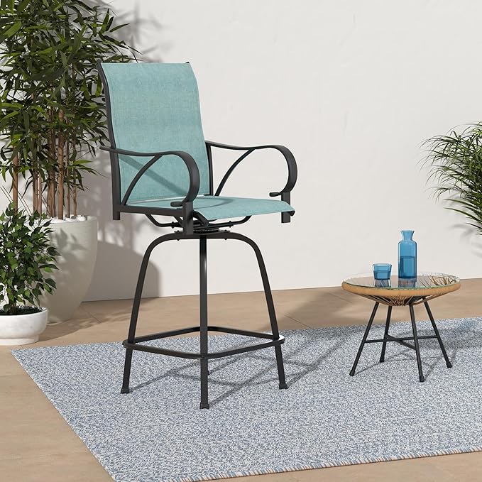 MFSTUDIO Outdoor Bar Stools Set of 4, Swivel Bar Height Patio Chairs Outdoor Barstools High Top Patio Swivel Bar Chairs with Armrest, Breathable Textilene, Turquoise Blue