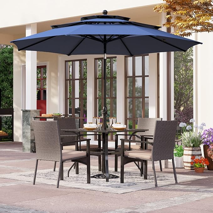 PHI VILLA 5 Pieces Outdoor Dining Set with Umbrella for 4, 37" Square Metal Dining Table & 4 Cushioned Wicker Rattan Chairs with 10ft Navy Blue Umbrella for Patio, Deck, Yard, Porch