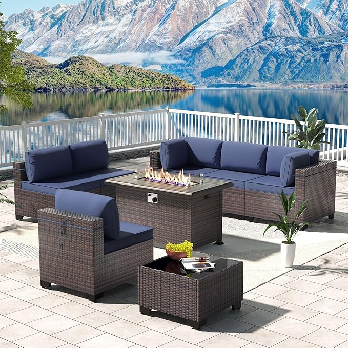 Kullavik 8 Pieces Outdoor Patio Furniture Set,Sectional Sofa Set with 43" 55000 BTU Gas Propane Fire Pit Table,Brown PE Rattan Wicker Patio Conversation Set,Navy Blue