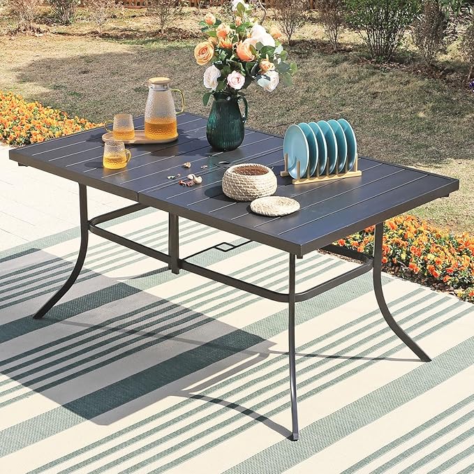 Sophia & William Patio Outdoor Table and Chairs Set with Umbrella Beige, Patio Dining Sets for 6, 7 Pieces Patio Table Set for Backyard Deck Porch Outside, Metal Table with Cushioned Rattan Chairs