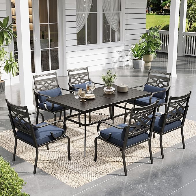 Sophia and William Patio Dining Set for 6, Outdoor Table and Chairs, Removable Blue Seat Cushions, 60" Black Patio Dining Table,Blue