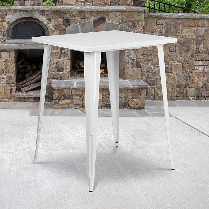 EMMA + OLIVER Commercial Grade 31.5" Square White Metal Indoor-Outdoor Bar Height Table