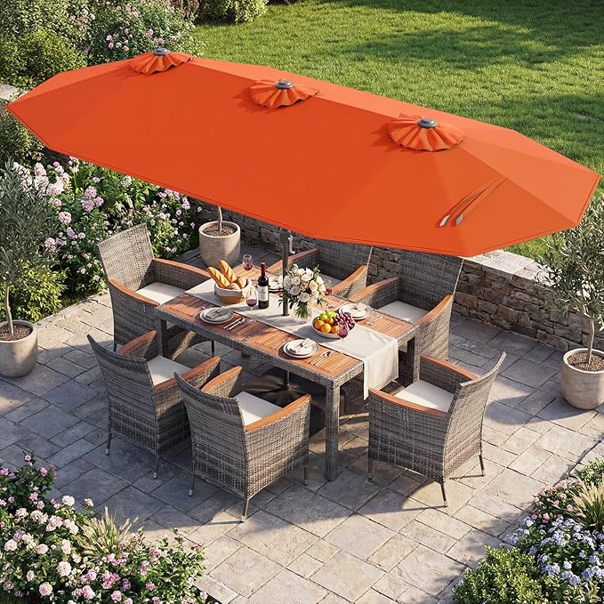 Tangkula 9 Piece Rattan Outdoor Dining Set with 13Ft Umbrella for 6, Outdoor Wicker Table Set with 6 Cushioned Armchairs, Acacia Wood Top, Outdoor Umbrella & with Base Included