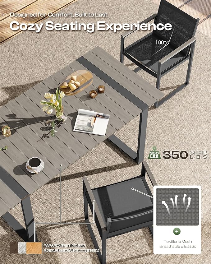 Outdoor Table and Chairs of 4, Patio Dining Sets, HDPS + Aluminum Outdoor Furniture Set with Umbrella Hole, Patio Dining Table Set (Gray)